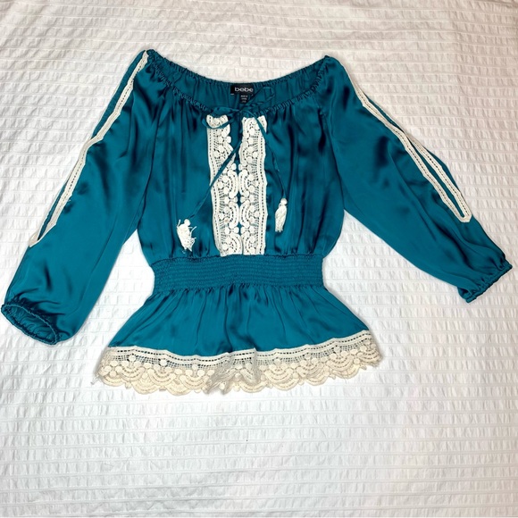 BEBE satin boho crotchet blouse - Picture 9 of 9